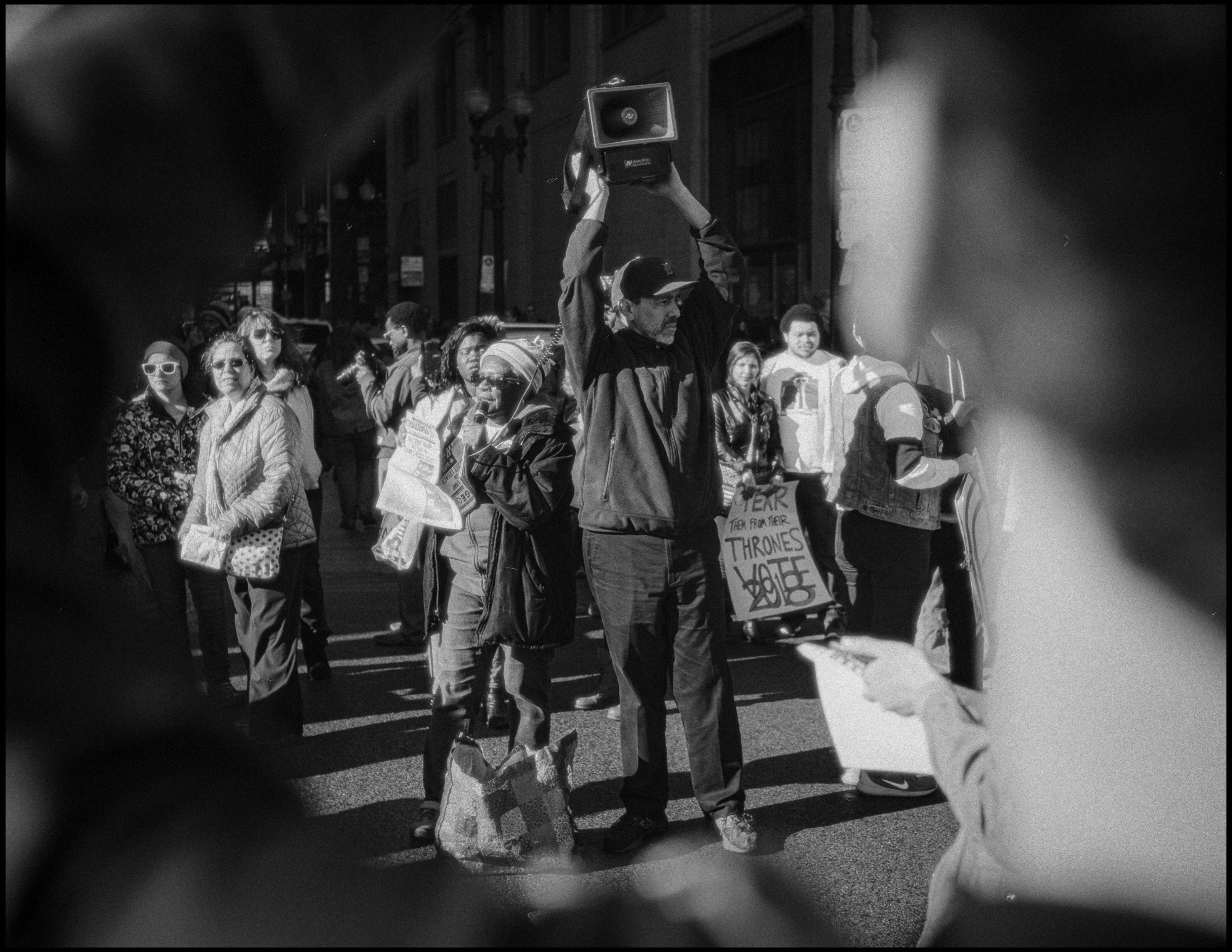 Wide megaphone chant view at the Women's March, Chicago 2017