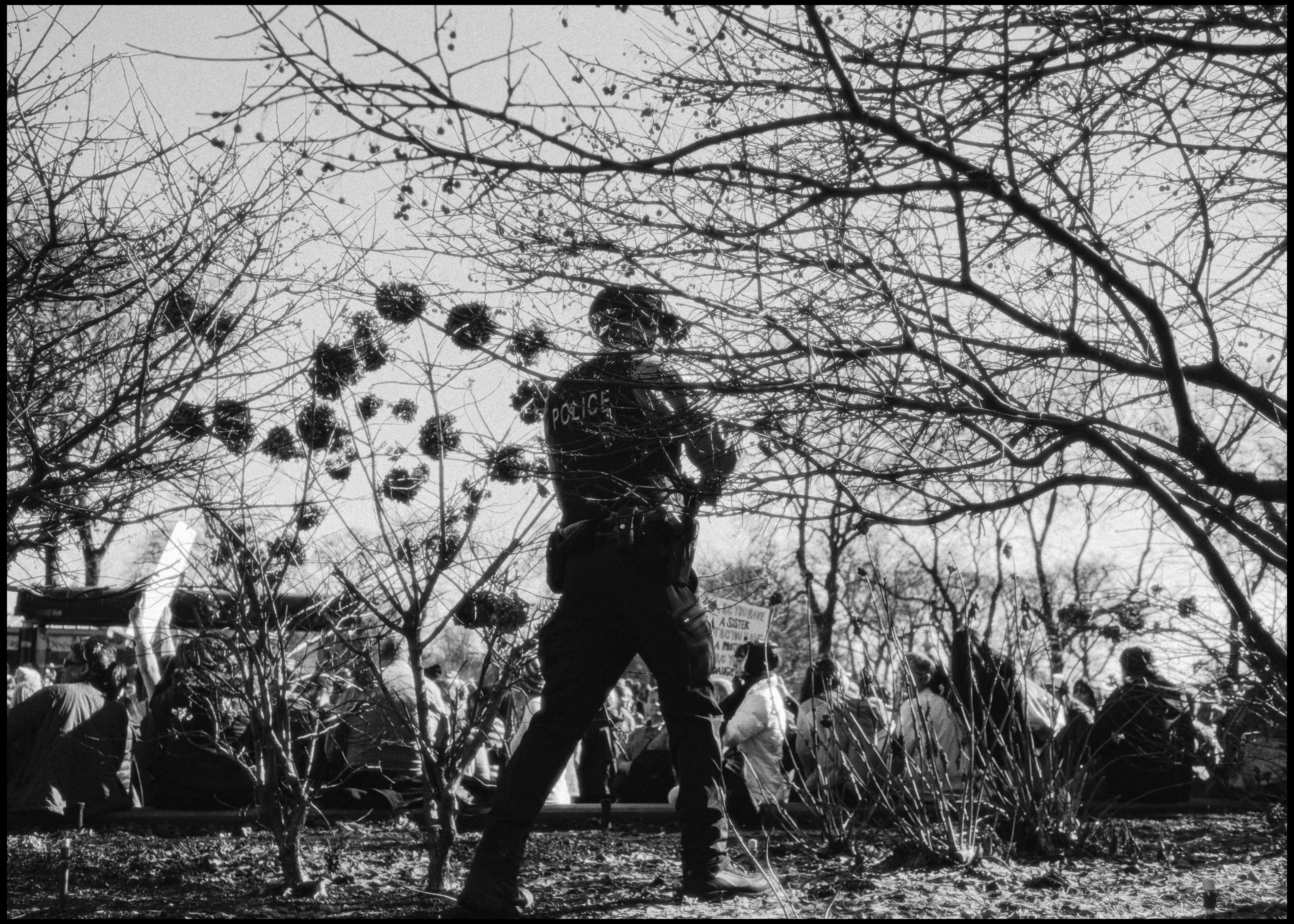 Police seen through branches during the Women's March, Chicago 2017